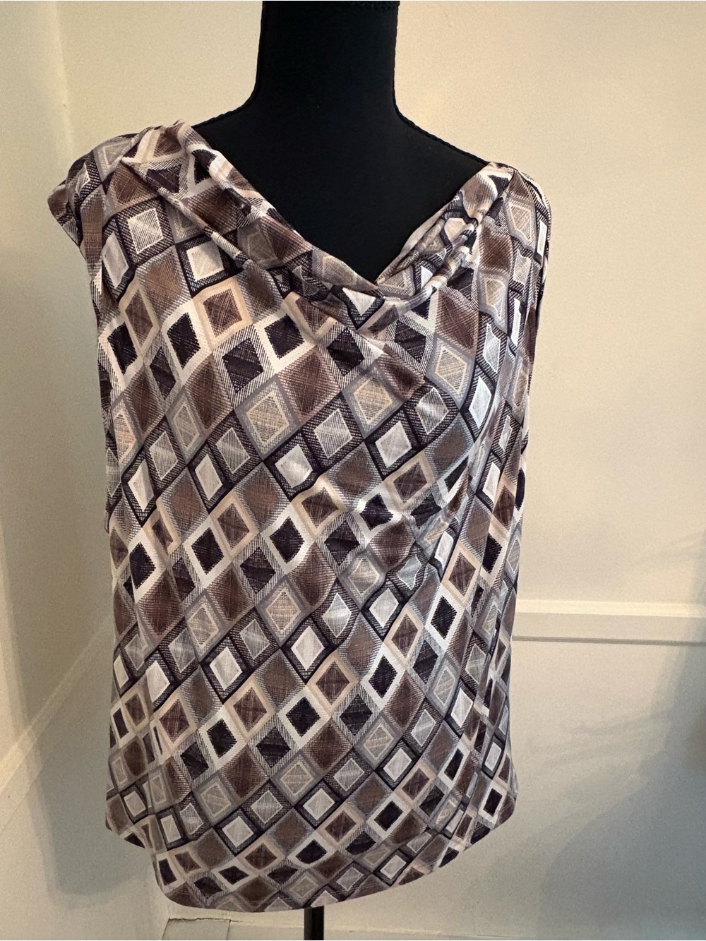 Nine West Sleeveless Cowl Neck Camisole in Brown and Gray Geometric Sz XL